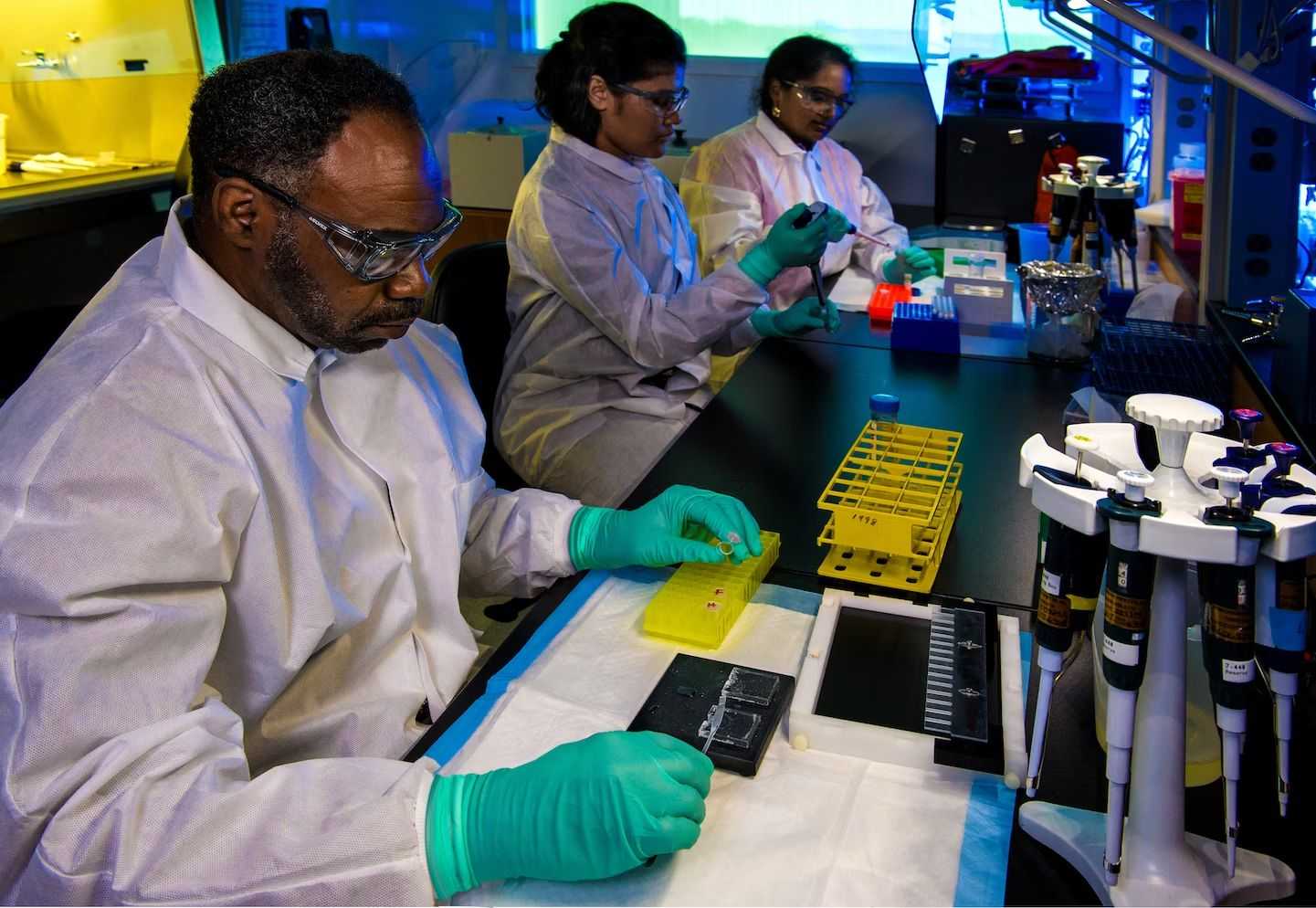 Lab workers working with various tests